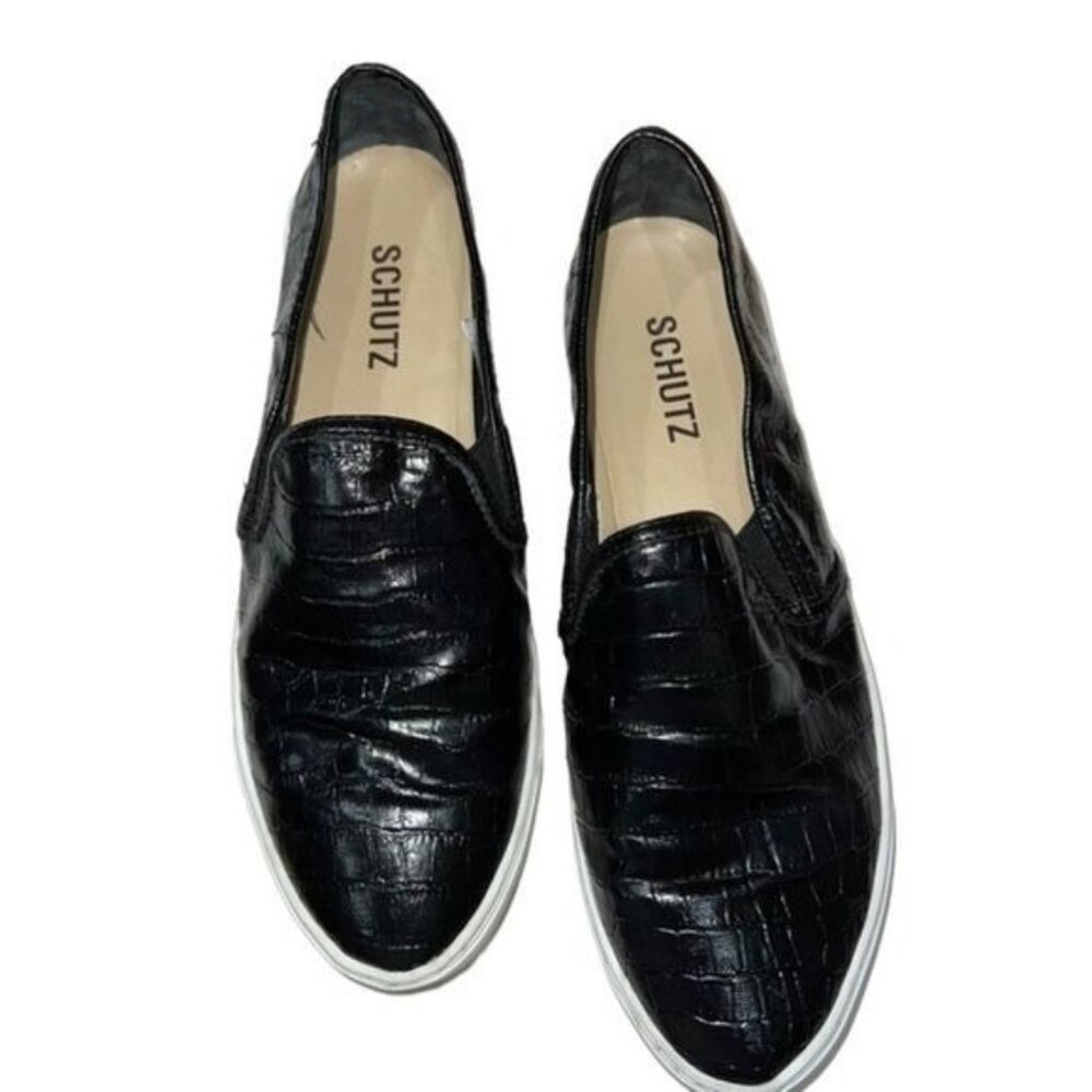 Schutz Slip-On Sneakers Womens 7.5 Black Faux Leather Crocodile Texture Casual